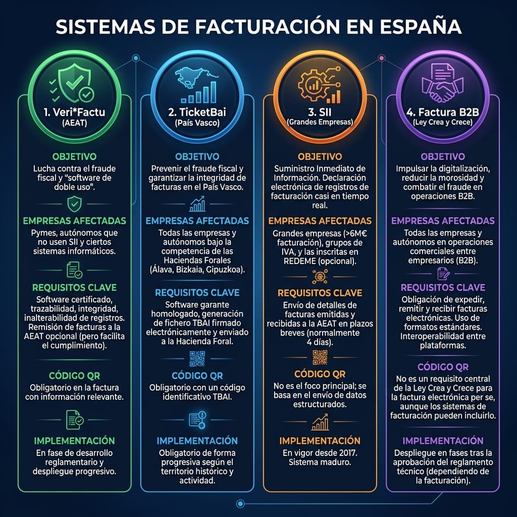 Mapa comparativo de los 4 sistemas informáticos de facturación en España